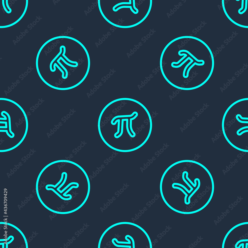 Poster green line pi symbol icon isolated seamless pattern on blue background. vector