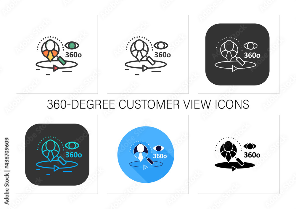 Poster 360-degree customer view icons set.all client data in one place.interactions with customer service,s