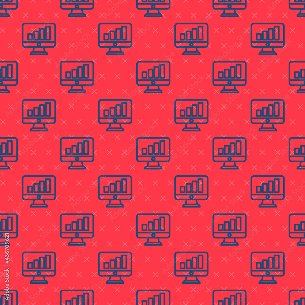 Fototapete blue line computer monitor with graph chart icon isolated seamless pattern on red background. report