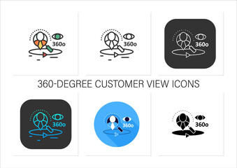 360-degree customer view icons set.All client data in one place.Interactions with customer service,social media behavior.Collection of icons in linear,filled,color styles.Isolated vector illustrations