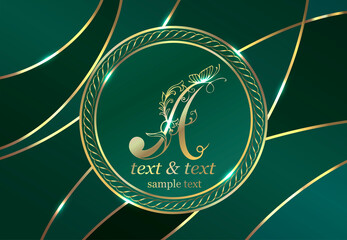 Luxurious vintage background. Exclusive design of labels, badges, frames, logo, packaging. Gold monogram ornament on a green background. Calligraphic letter A. Great for
perfumery, soap, lotions. Can  - obrazy, fototapety, plakaty