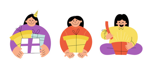 Happy funny girls receiving and giving presents. Flat modern illustration for birthday party or discounts sale promotion banner.