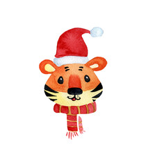 A watercolor illustration, a New Year's tiger cub in a Santa hat and scarf, a cute tiger cub isolated on a white background, is perfect for postcards.