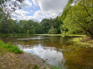 Landscape view of a green park with pond