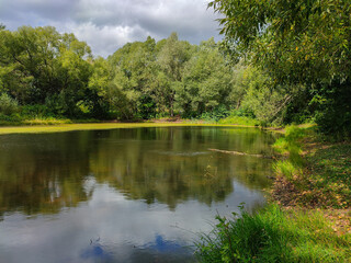 Fototapeta na wymiar Landscape view of a green park with pond