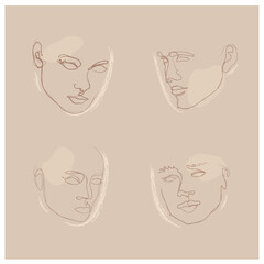 Elegant faces silhouette chalk collections. One line drawing faces. Fashion concept, male and female beauty minimalist. Avant garde style illustrations.Trendy vector silhouette