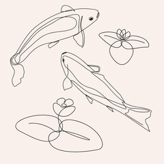 minimalist line art style koi or gold fish illustration and lotus flowers one line art. creative for kids decoration, postcard or brochure cover design.editable and suitable for templates. vector