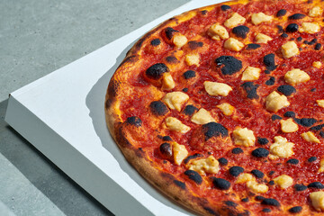 Appetizing veggie pizza with tomato sauce, cheese and crispy sides. Hard light. Gray background.