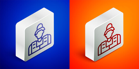Isometric line Fisherman icon isolated on blue and orange background. Silver square button. Vector