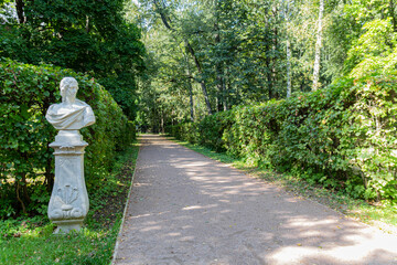 Green alley with statue in the Kuskovo Estate - obrazy, fototapety, plakaty