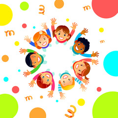 Obraz na płótnie Canvas Happy Friendship Day greeting card illustration of diverse children group circle lifting hands above from top view angle. Friend love concept for special event celebration. Cartoon vector illustration