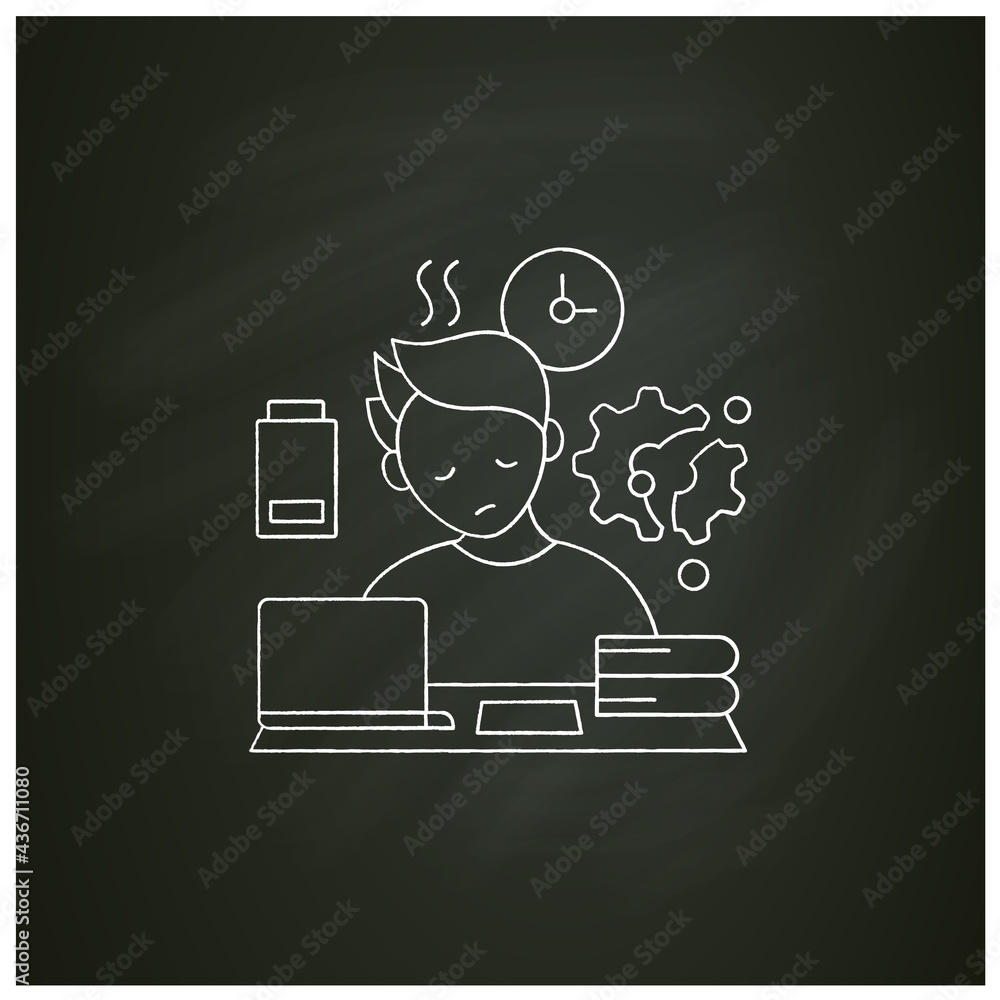 Poster fatigue chalk icon.tired person. too many tasks. work overload. need rest. procrastination concept. 