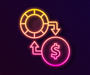 Glowing neon line Casino chips exchange on stacks of dollars icon isolated on black background. Vector