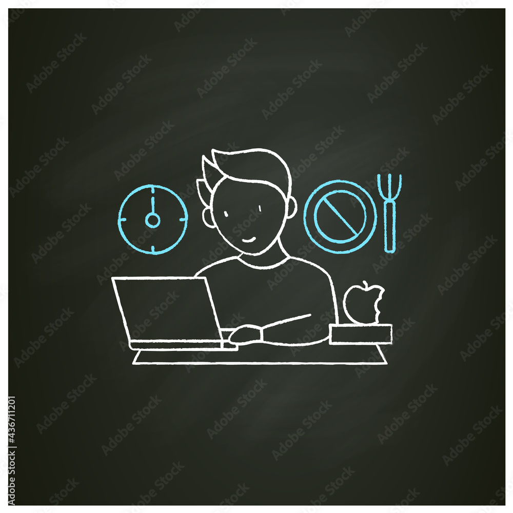 Poster workaholic chalk icon.skip lunch breaks through work. man at laptop. hard working.overworking concep