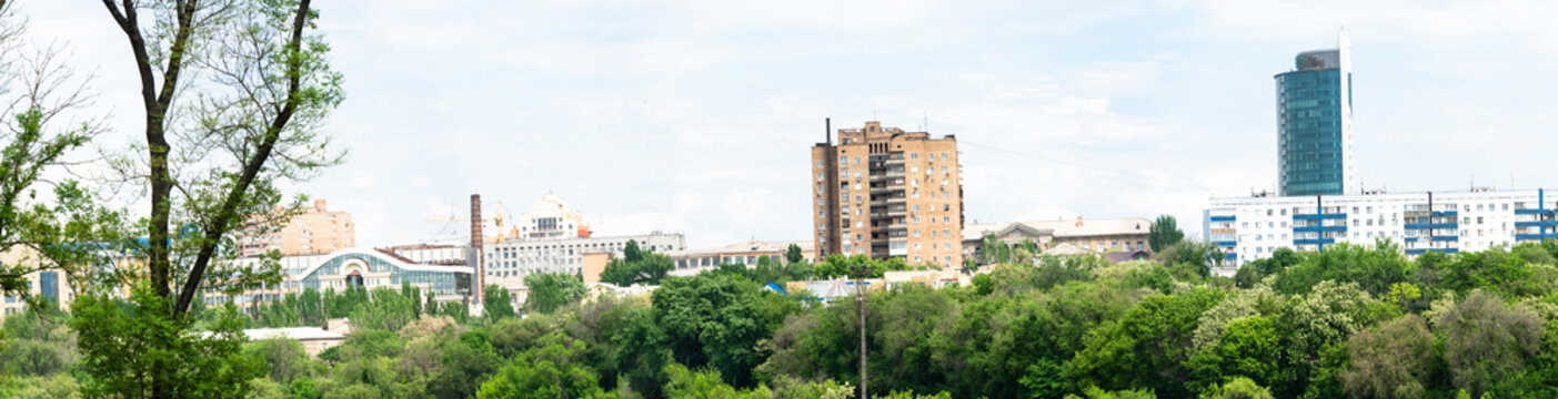 Panorama of the spring city. Nice view of the city center. Donetsk.