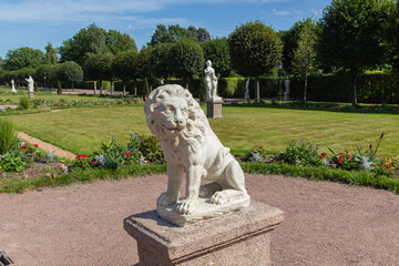 Stone statue of a lion in Kuskovo park.