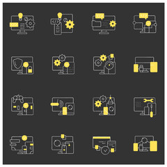 Cross platform chalk icons set. Programming environment. Platform for creating new operating systems. Synchronic between devices.Isolated vector illustrations on chalkboard