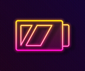 Glowing neon line Battery for camera icon isolated on black background. Lightning bolt symbol. Vector