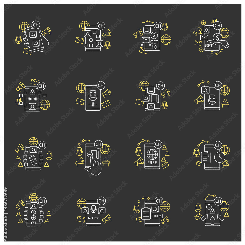 Poster drop in audio app chalk icons set. communication application with friends. application rules, raped 