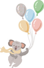 Childish nursery illustration of a happy koala bear flying with a developing scarf on a bouquet of balloons to a fairyland