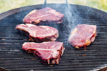 Selection of dry aged steak that includes t bone, rib eye and rump steak on a barbecue