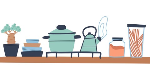 Modern kitchen in a loft style. Home decor concept. Castroul, home plant, jar of cereals, plates. Kitchen utensils and modern home illustration.