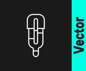 White line Medical thermometer for medical examination icon isolated on black background. Vector