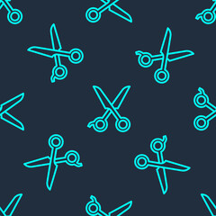 Green line Scissors hairdresser icon isolated seamless pattern on blue background. Hairdresser, fashion salon and barber sign. Barbershop symbol. Vector