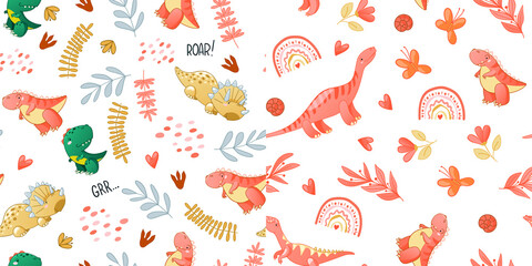 Seamless cute dinosaur pattern. Colorful dino background for kids. Childish vector design for textile and packaging, nursery wallpaper