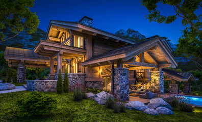 Obraz premium 3d rendering of modern cozy chalet with pool and parking for sale or rent. Massive timber beams columns. Beautiful forest mountains on background. Clear summer night with many stars on the sky.