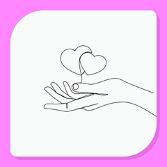 Continuous line, Two heart in hands. Drawing of set Give. (Vector illustration one line drawing)