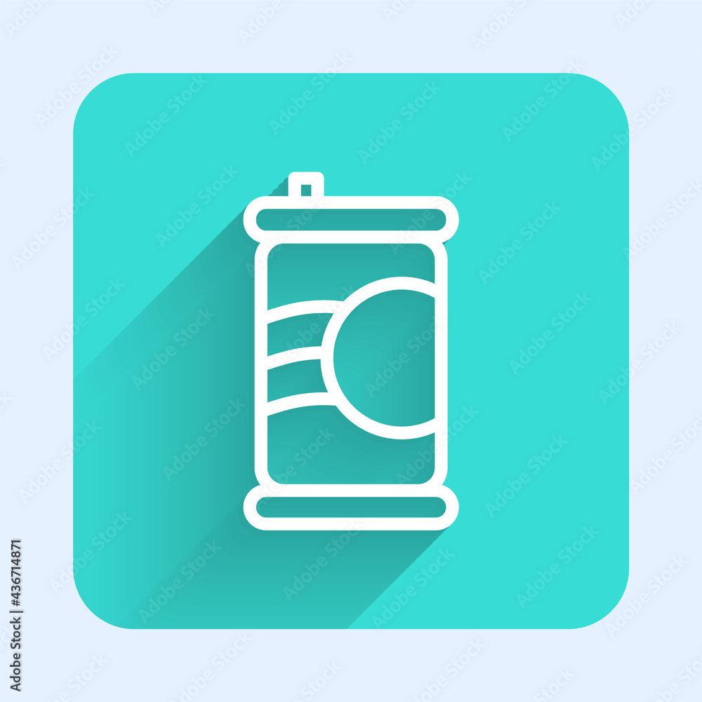 Poster white line soda can icon isolated with long shadow. green square button. vector