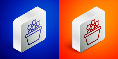 Isometric line Ice bucket filled with ice cubes icon isolated on blue and orange background. Silver square button. Vector