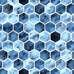 Seamless geometric pattern with blue watercolor polygons. Abstract hexagons background - 436714860