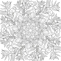 Mandala coloring book for children and adults koala sitting on a tree