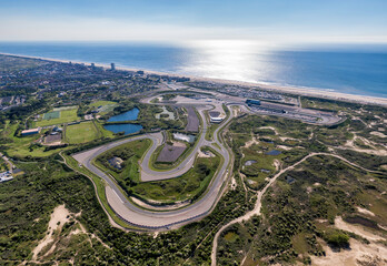 High resolution aerial image of race track in the dunes near Zandvoort, the Netherlands - obrazy, fototapety, plakaty
