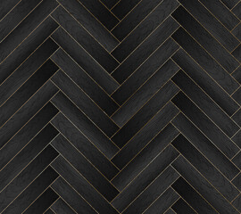Vector seamless pattern with wooden zigzag planks and gold glitter stripes. Black wood herringbone parquet floor background - 436715078