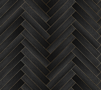 Vector seamless pattern with wooden zigzag planks and gold glitter stripes. Black wood herringbone parquet floor background