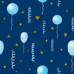 Blue baloons seamless pattern. Abstract watercolor free-hand illustration for postcard, invitation, banner, birthday, baby shower, party decoration, wrapping paper, present, gift