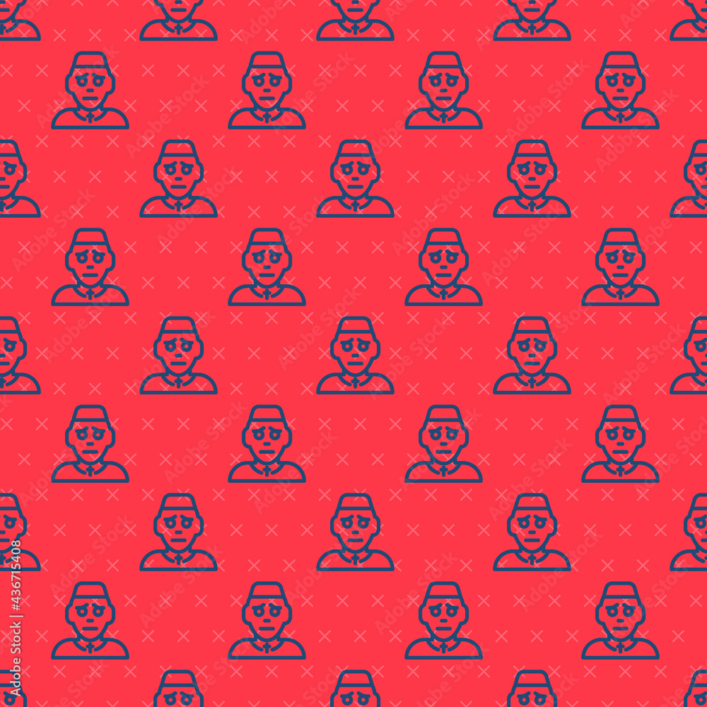 Poster blue line priest icon isolated seamless pattern on red background. vector