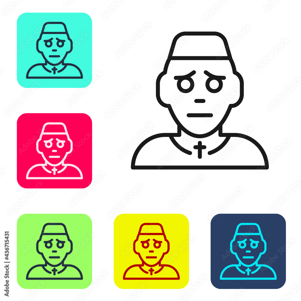 Poster black line priest icon isolated on white background. set icons in color square buttons. vector