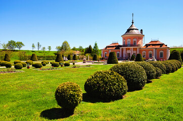 Panorama of Zolochiv Castle. The fort was built in 1634-36 by Jakub Sobieski. The Chinese Palace is diminutive mauve-colored rotunda flanked by one-storey wings, was added later. Spring sunny day
