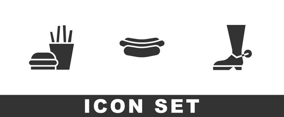 Set Burger and french fries, Hotdog sandwich and Cowboy boot icon. Vector