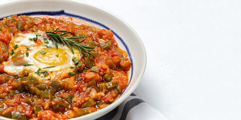 Vegetable dish pisto manchego made of tomatoes, zucchini, peppers, onions with fried egg