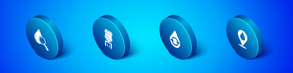 Set Isometric Drop and magnifying glass, Recycle clean aqua, Water drop with location and cooler icon. Vector