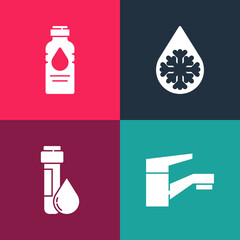 Set pop art Water tap, Test tube with water drop, Defrosting and Bottle of icon. Vector