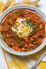 Vegetable dish pisto manchego made of tomatoes, zucchini, peppers, onions with fried egg