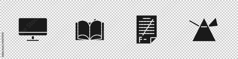 Poster set computer monitor screen, open book, exam paper with incorrect answers and light rays prism icon.