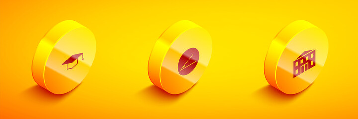 Set Isometric Graduation cap, Acute angle and School building icon. Vector