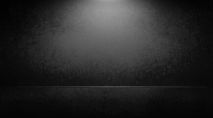 abstract dark black and gray empty room studio backdrop wallpaper inside room wall light black and empty space and gradient spotlight floor texture background.